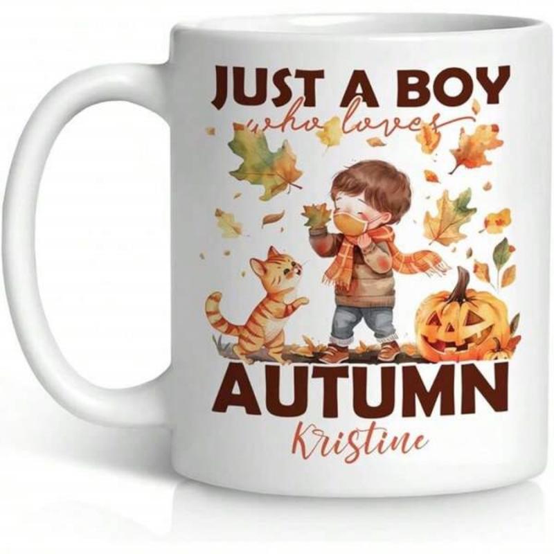 Tailorly White Ceramic 11 oz Mug - Just A Boy Who Loves Autumn Kristine Watercolor Illustration Of Small Child With Playful Cat Among Falling Leaves Boy