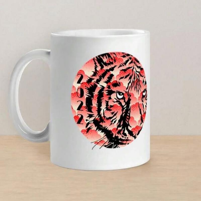 Tailorly White Ceramic 11 oz Mug - 2022 Artistic Red Patterned Circle Featuring Stylized Black Brush Stroke Tiger