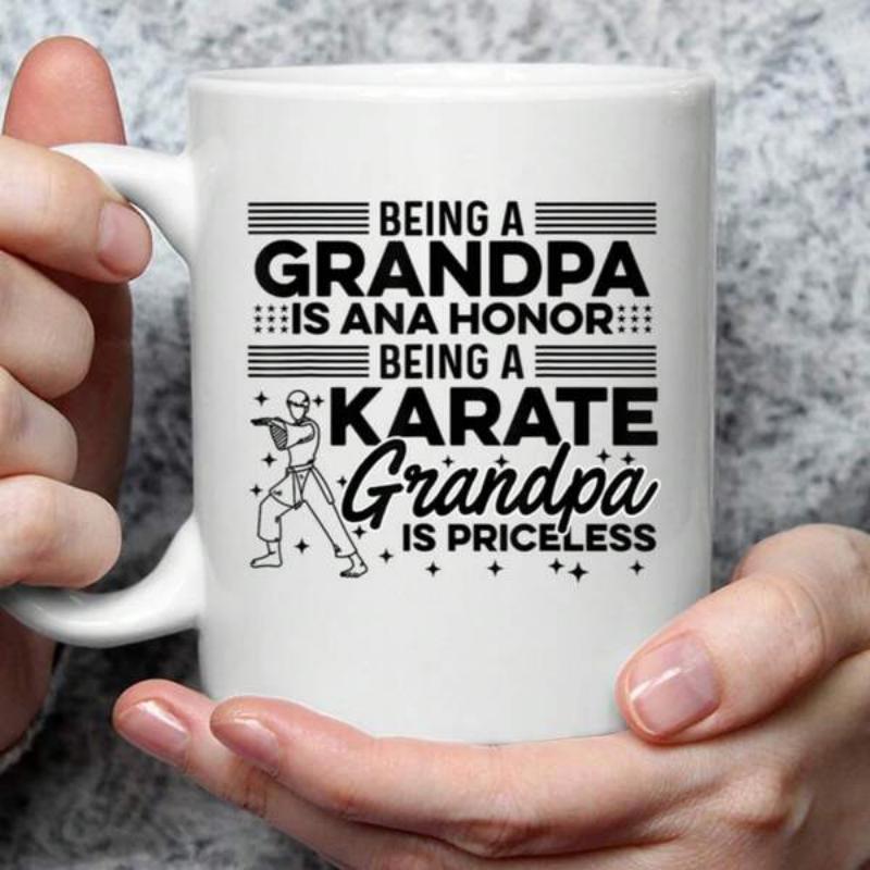 Tailorly White Ceramic 11 oz Mug - Being A Grandpa Is An Honor Being A Karate Grandpa Is Priceless Strong Martial Artist Executing High Kick Amidst Decorative
