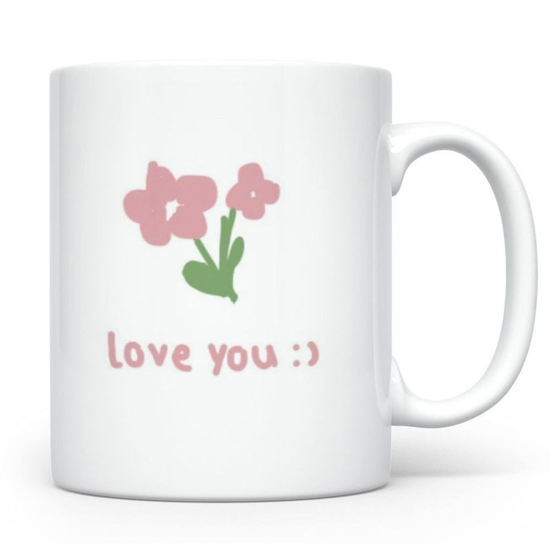 Tailorly White Ceramic 11 oz Mug - Love You Simple Hand Drawn Pink Blossoms With Green Leaves In Minimalist Style Flower