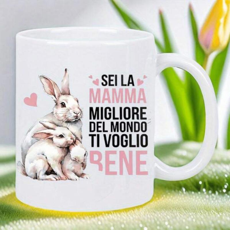 Tailorly White Ceramic 11 oz Mug - Adorable Mother And Baby Rabbits Huddling Closely Among Small Pink Hearts Rabbit