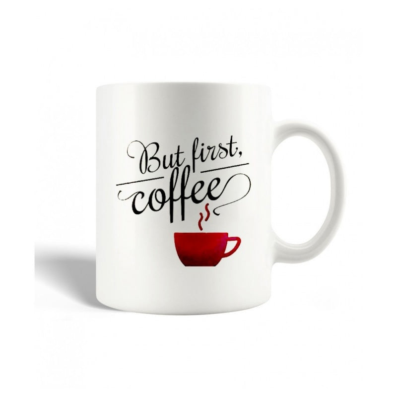 Tailorly White Ceramic 11 oz Mug - But First Coffee Artistic Red Steaming Cup With Black Calligraphy Lettering Underlines Mug