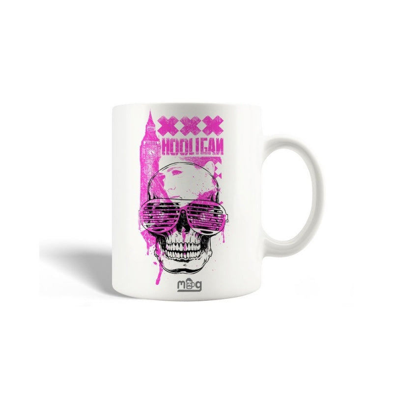 Tailorly White Ceramic 11 oz Mug - Hooligan Stencil Style Urban With Pink Splatter And London Big Ben Skull