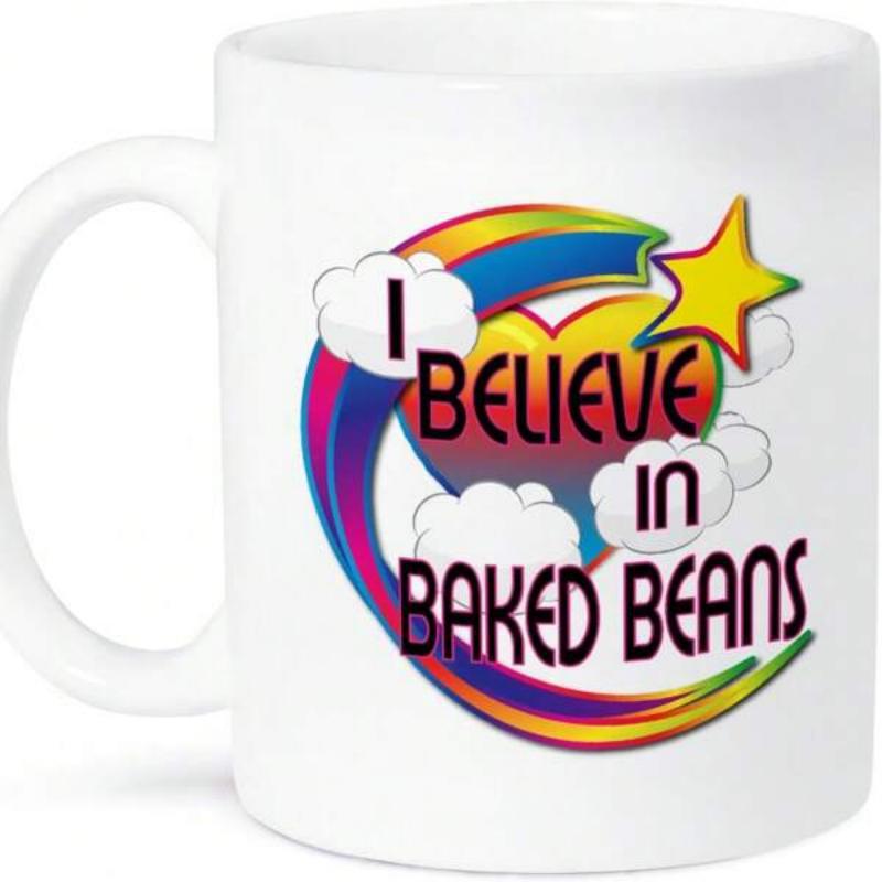 Tailorly White Ceramic 11 oz Mug - I Believe In Baked Beans Radiant Rainbow Swirl With Clouds And A Heart Star Mug
