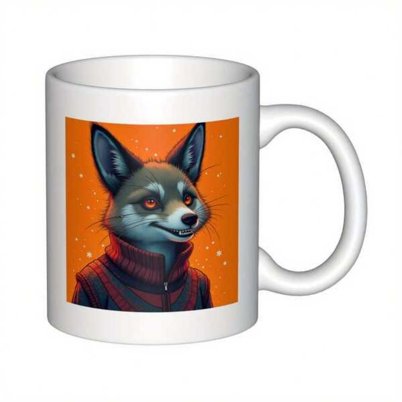 Tailorly White Ceramic 11 oz Mug - Stylish Anthropomorphic Portrait Wearing Red Jacket Within Vibrant Orange Frame Fox