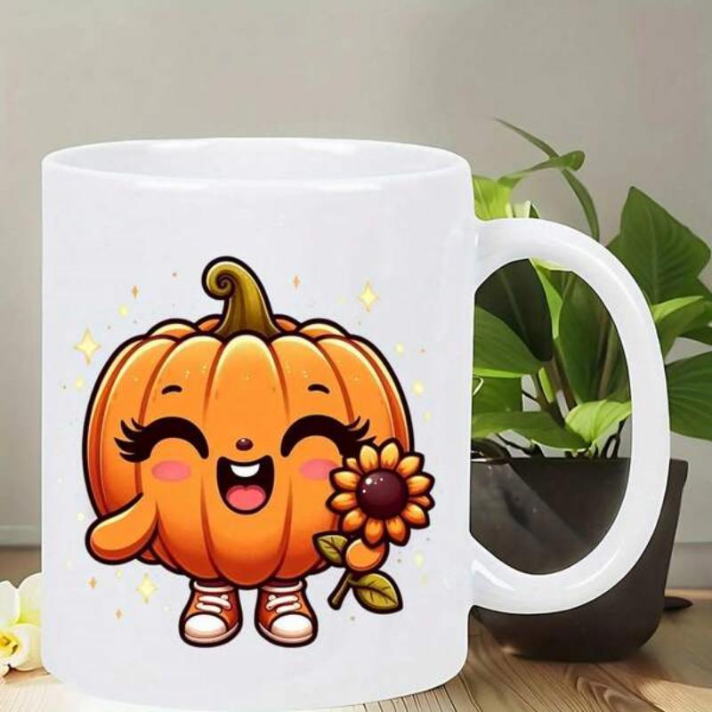 Tailorly White Ceramic 11 oz Mug - Adorable Smiling Orange Character Holding A Small Sunflower Wearing Sneakers Pumpkin