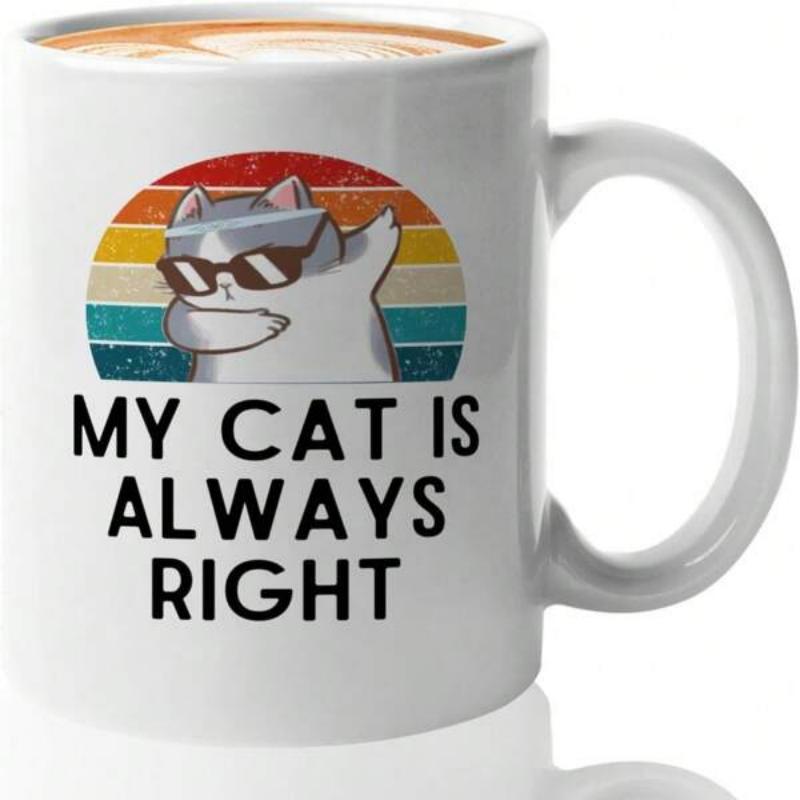 Tailorly White Ceramic 11 oz Mug - My Cat Is Always Right Dabbing Under A Retro Vintage Sunset Wearing Cool Black Sunglasses Cat