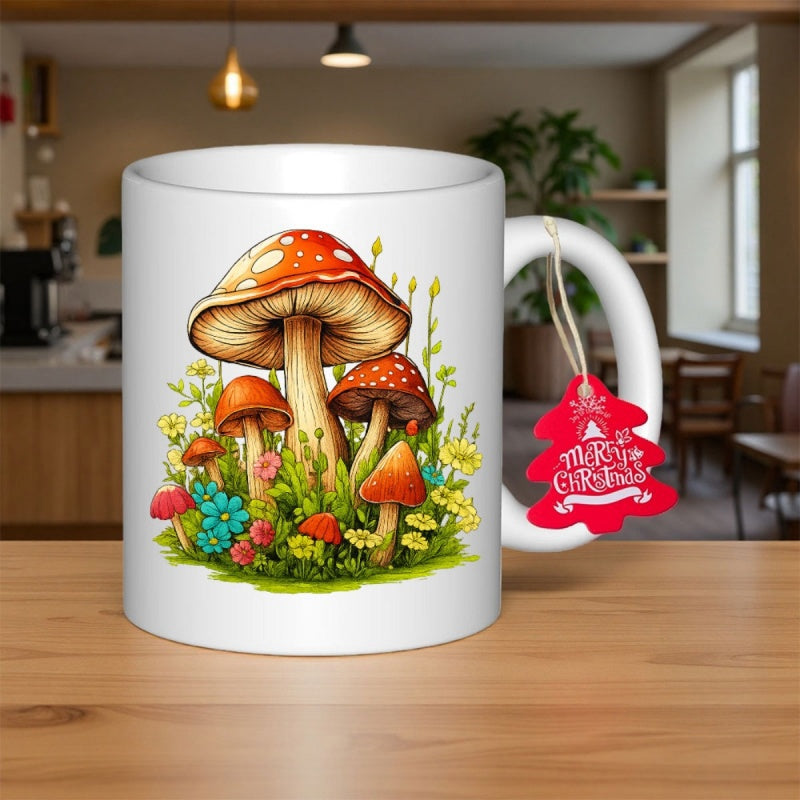 Tailorly White Ceramic 11 oz Mug - Merry Christmas Colorful Forest Mushrooms Growing Among Wildflowers And Grass Mushroom