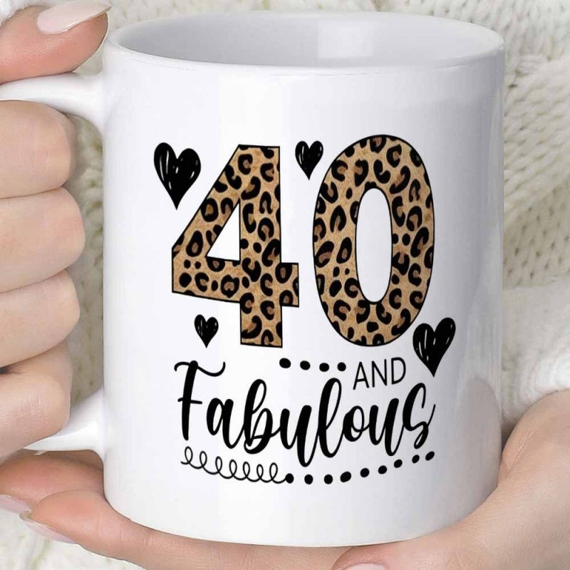 Tailorly White Ceramic 11 oz Mug - 40 And Fabulous Leopard Print Texture Numbers Surrounded By Delicate Black Minimalist Hearts Sign