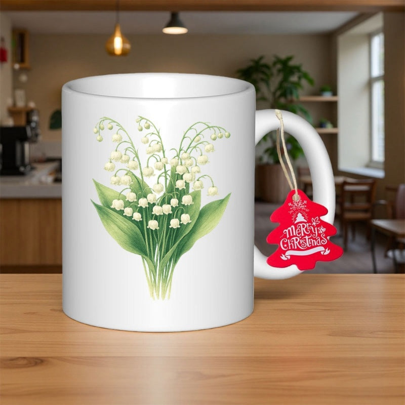 Tailorly White Ceramic 11 oz Mug - Merry Christmas Delicate White Lily Of The Valley Flowers With Lush Green Leaves Flower