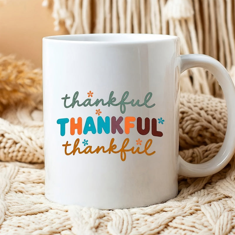 Tailorly White Ceramic 11 oz Mug - Thankful Repeating Script And Bold Colorful Letters Decorated With Small Dainty Flowers Mug