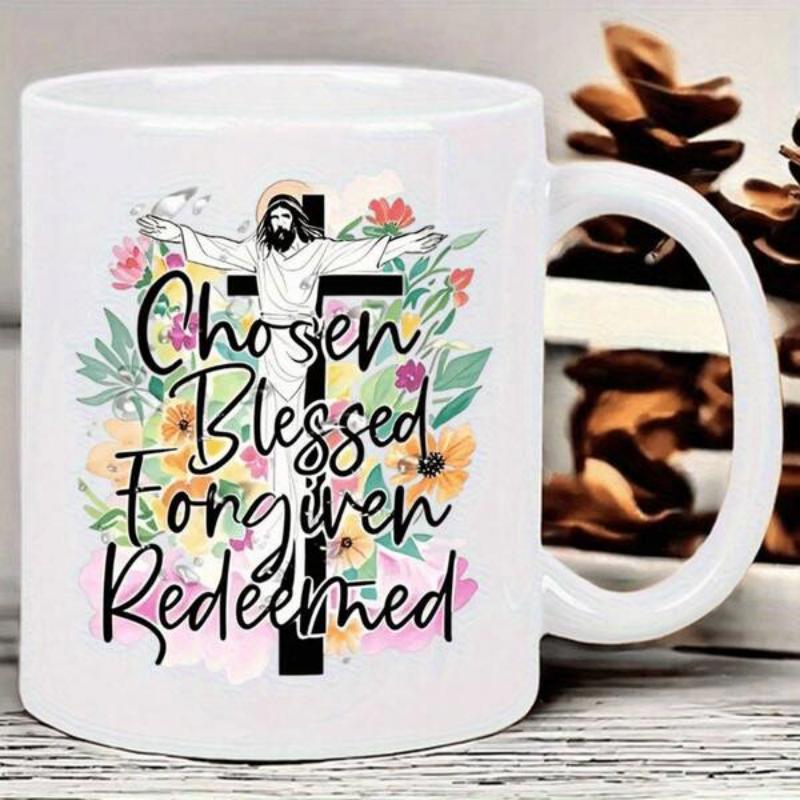 Tailorly White Ceramic 11 oz Mug - Chosen Blessed Forgiven Redeemed Gracious Religious Figure With Outstretched Arms Amidst Vibrant Blooming Springtime Flowers