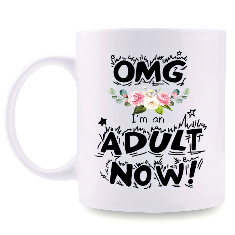 Tailorly White Ceramic 11 oz Mug - Omg Im An Adult Now Whimsical Hand Drawn Stars And Scribbles With Blooming Floral Elements Roses
