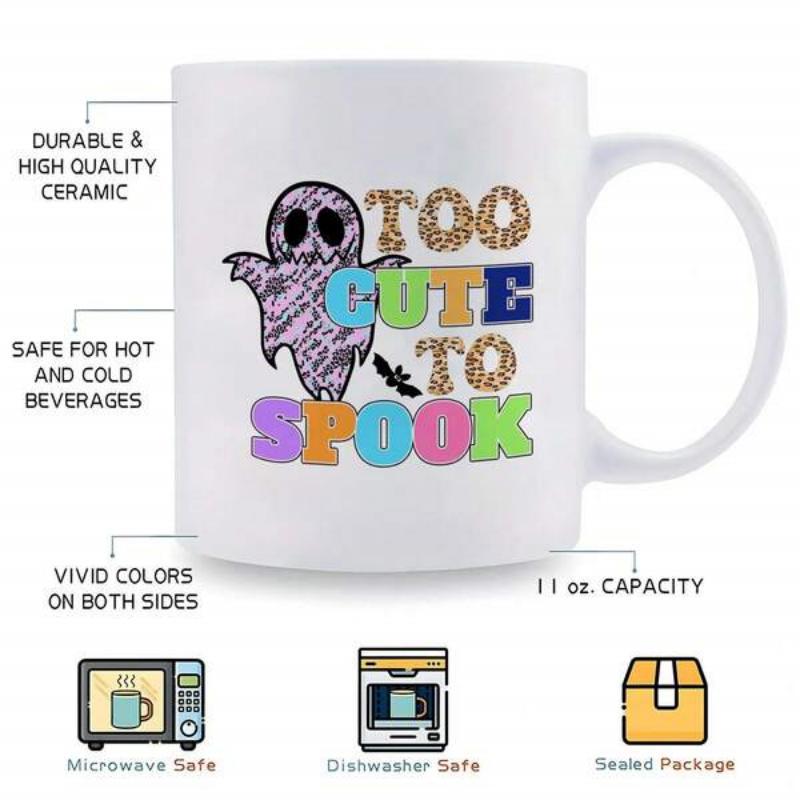 Tailorly White Ceramic 11 oz Mug - Too Cute To Spook Adorable Purple Patterned Cartoon Ghost And Tiny Bat Ghost
