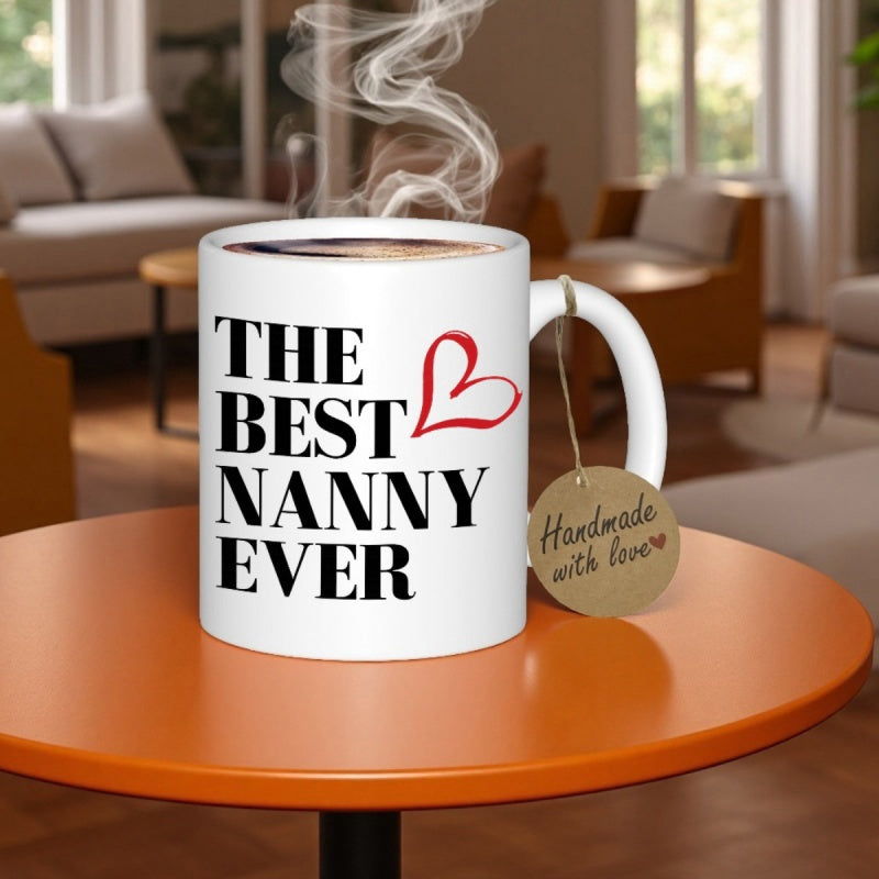 Tailorly White Ceramic 11 oz Mug - The Best Nanny Ever Minimalist Hand Drawn Red Outline With Bold Elegant Black Lettering Heart