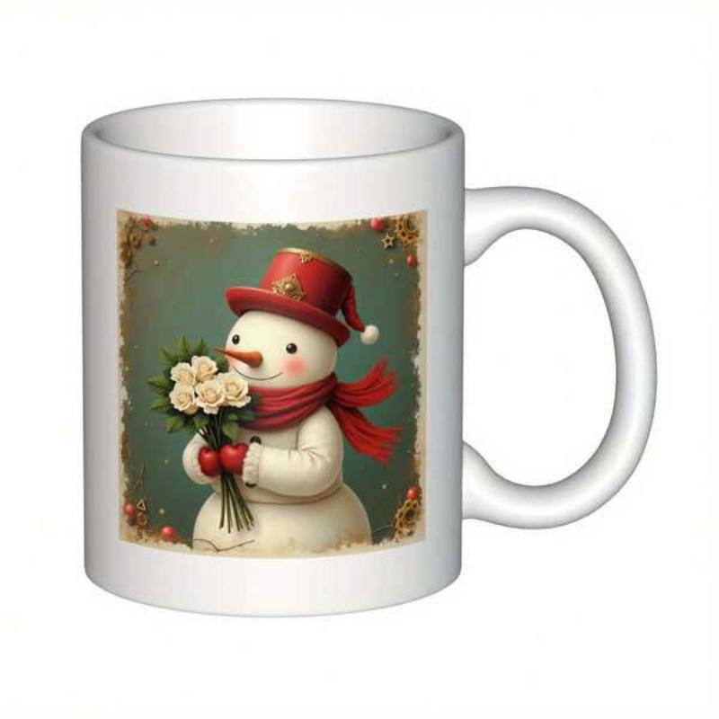 Tailorly White Ceramic 11 oz Mug - Charming Winter Illustration Of A Cheerful Scarf Wearing Red Hat Snowman