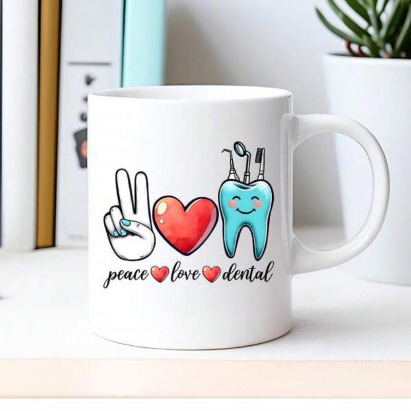 Tailorly White Ceramic 11 oz Mug - Peace Love Dental Smiling Blue Cartoon Character With Various Medical Professional Care Tools Tooth