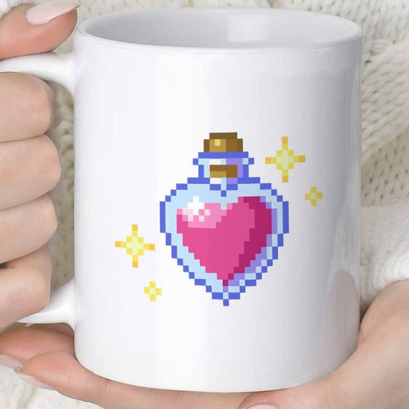 Tailorly White Ceramic 11 oz Mug - Retro Pixel Art Magic Heart Shaped Bottle With Sparkling Golden Glitters Potion