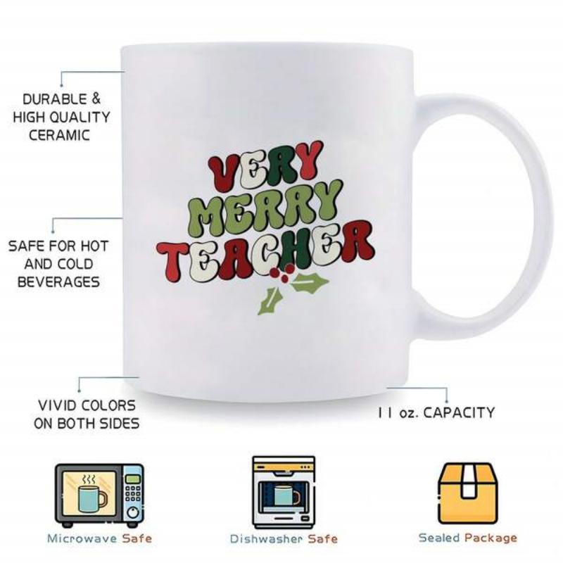 Tailorly White Ceramic 11 oz Mug - Very Merry Teacher Festive Retro Bubbly Letters In Christmas Colors With Holly Berry Mug