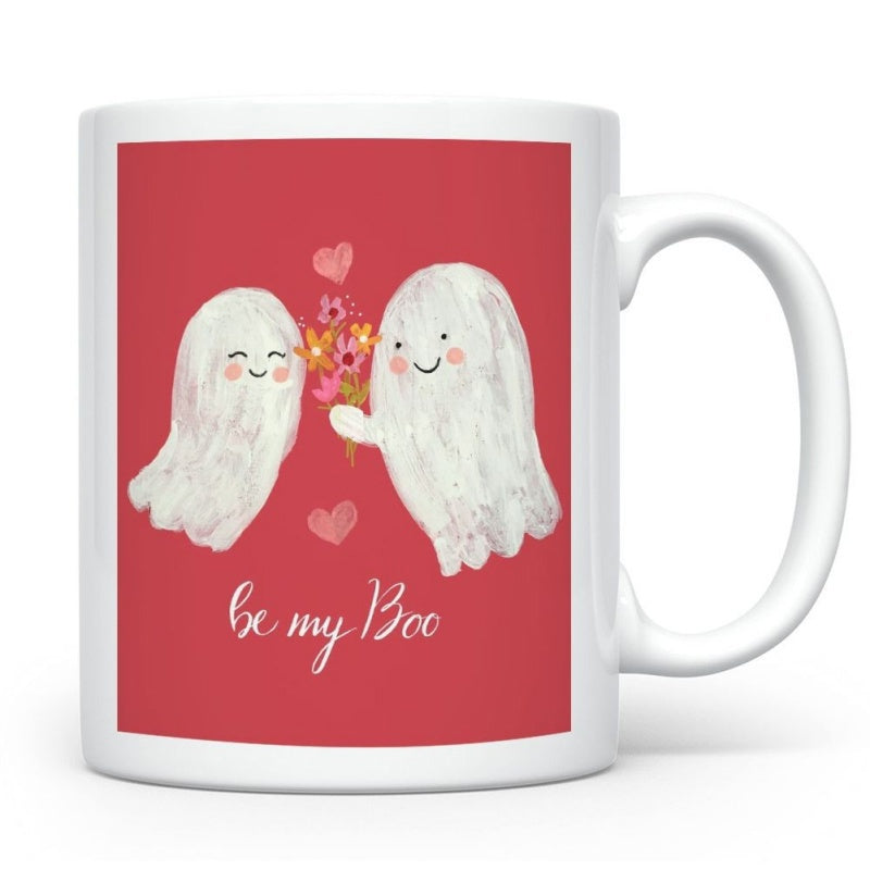 Tailorly White Ceramic 11 oz Mug - Be My Boo Two Adorable White Watercolor Ghosts Holding A Bouquet Of Pink Flowers Ghost