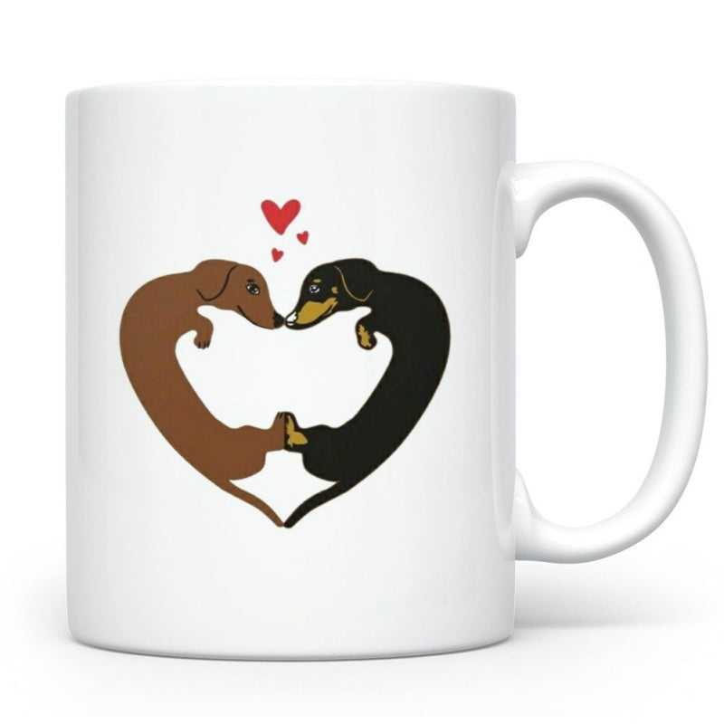 Tailorly White Ceramic 11 oz Mug - Two Playful Wiener Dogs Forming A Heart Shape Among Little Red Hearts Dachshund