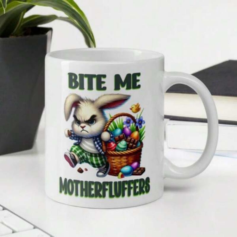Tailorly White Ceramic 11 oz Mug - Bite Me Motherfluffers Grumpy Easter Bunny Carrying A Woven Basket Filled With Colorful Eggs Rabbit