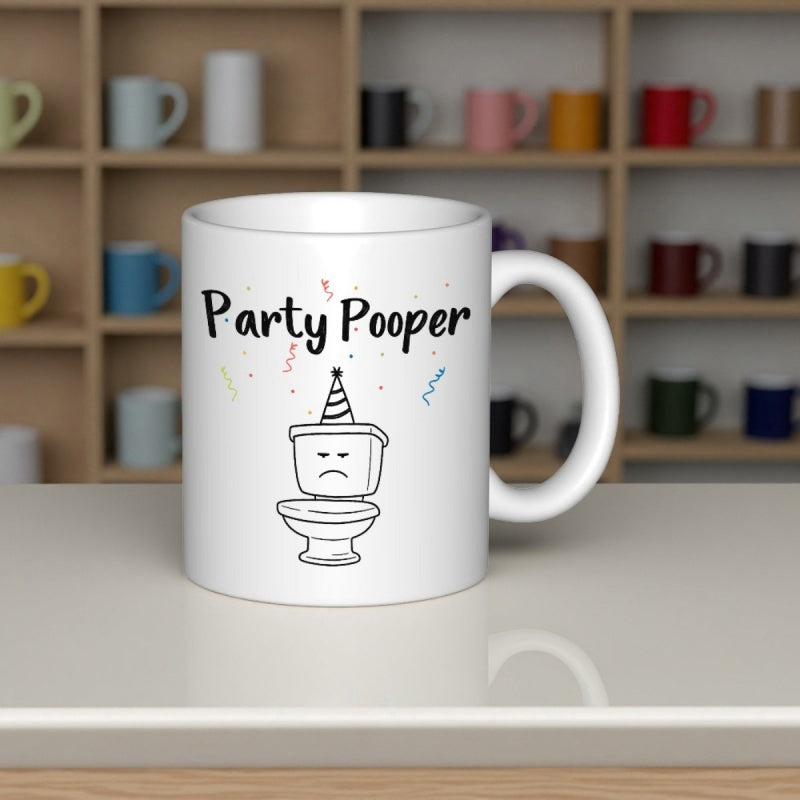 Tailorly White Ceramic 11 oz Mug - Party Pooper Simple Cartoon Toilet Wearing Striped Party Hat Surrounded By Colorful Confetti Toilet