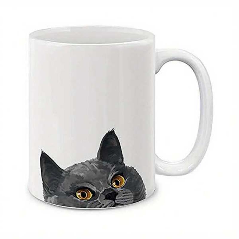 Tailorly White Ceramic 11 oz Mug - Curious Grey Kitty Peeking From Bottom With Bright Golden Eyes Cat
