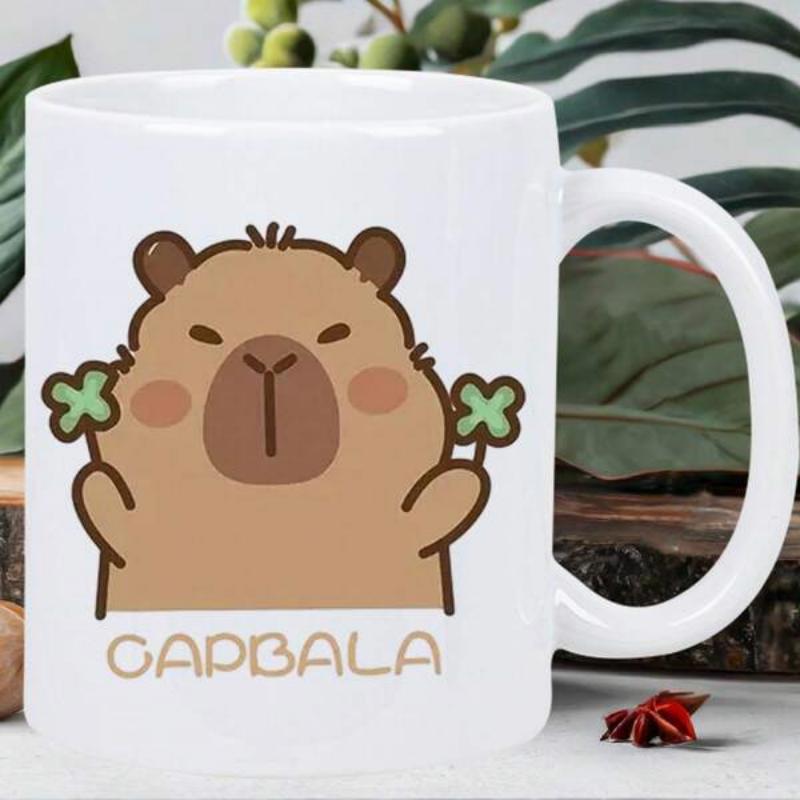 Tailorly White Ceramic 11 oz Mug - Capbala Cute Brown Animal Holding Green Luck Clovers On Minimal White Background Capybara