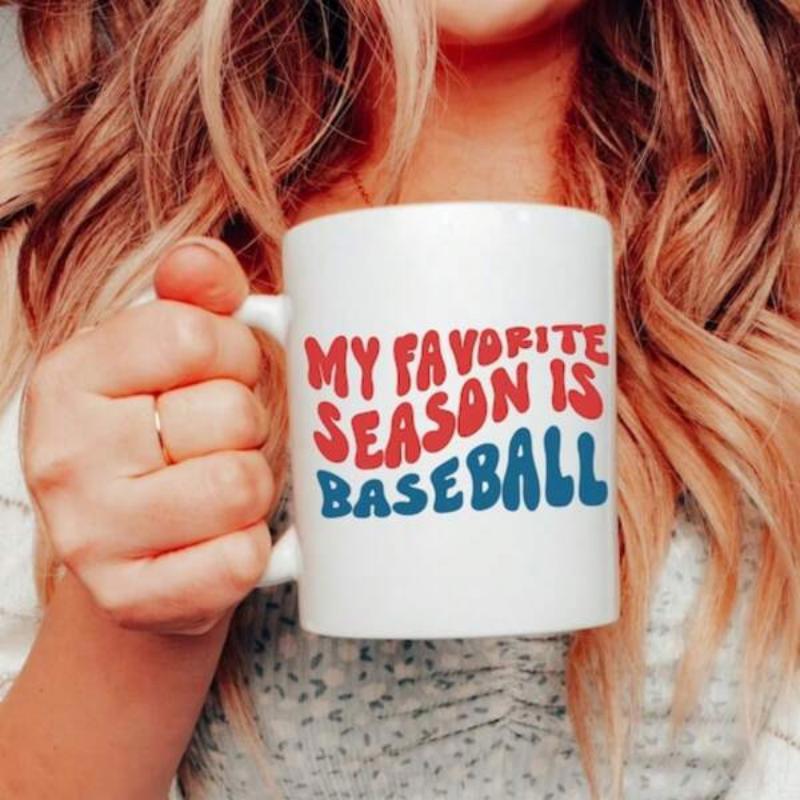 Tailorly White Ceramic 11 oz Mug - My Favorite Season Is Baseball Bold Retro Style Typography Featuring Vibrant Red And Blue Letters Baseball