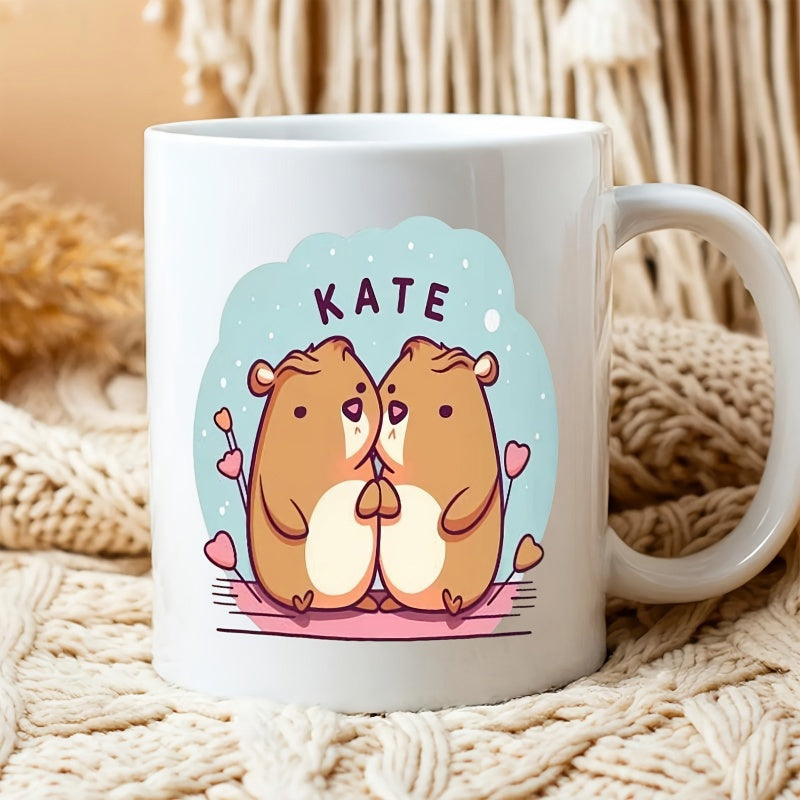 Tailorly White Ceramic 11 oz Mug - Kate Two Adorable Brown Cartoon Capybaras Sharing Love With Hearts Capybara