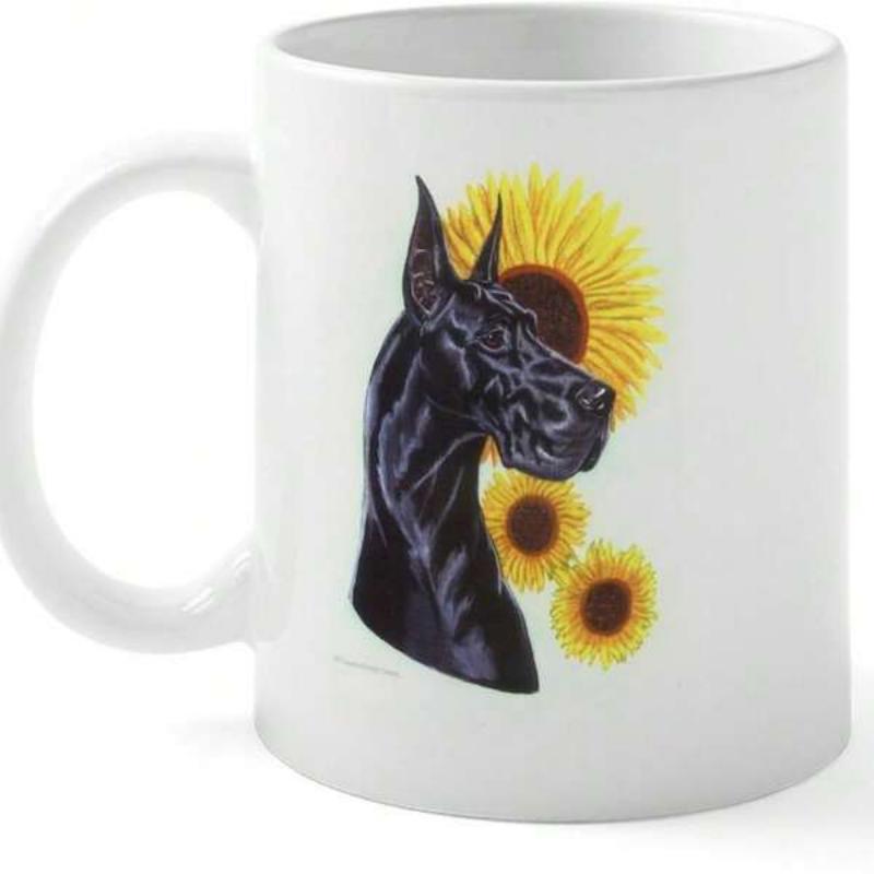 Tailorly White Ceramic 11 oz Mug - Elegant Black Great Dane Head Profile Among Vibrant Sunny Yellow Sunflowers Great Dane