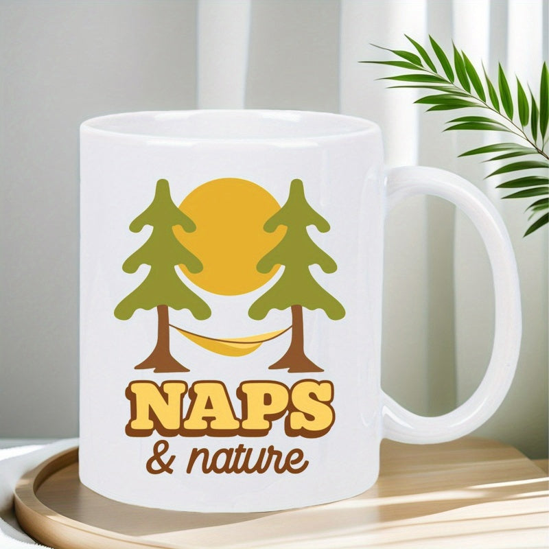 Tailorly White Ceramic 11 oz Mug - Naps Nature Peaceful Forest Scene With Hammock Swinging Between Tall Green Pine Trees Forest