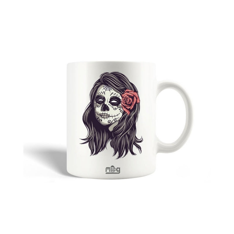 Tailorly White Ceramic 11 oz Mug - Intricate Skull Face Makeup With Elegant Rose And Flowing Dark Hair Sugar Skull