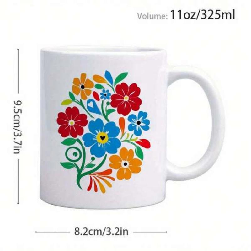 Tailorly White Ceramic 11 oz Mug - Vibrant Colorful Folk Art Design With Blooming Petals And Elegant Leaves Flowers