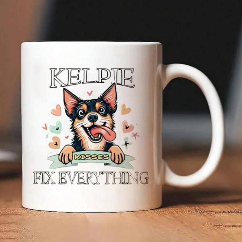 Tailorly White Ceramic 11 oz Mug - Kelpie Kisses Fix Everything Happy Black And Tan Dog With Paws On Banner Among Colorful Floating Hearts Kelpie