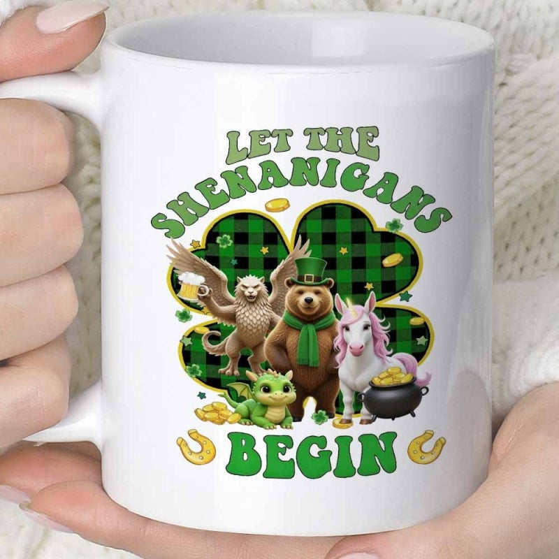 Tailorly White Ceramic 11 oz Mug - Let The Shenanigans Begin Mythical Fantasy Creatures Gathering On A Plaid Patterned Green Festive Shamrock