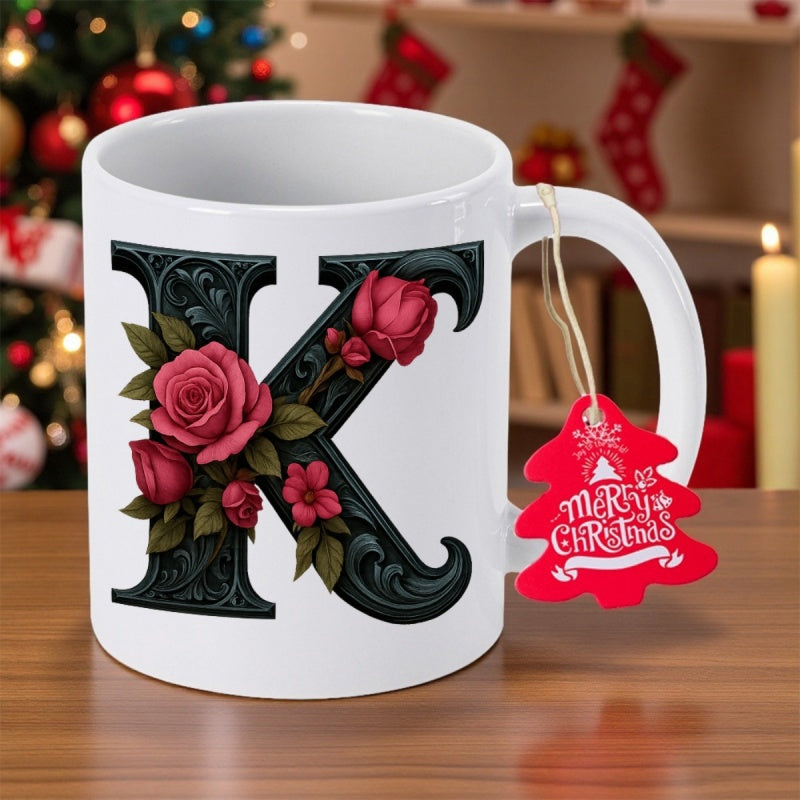 Tailorly White Ceramic 11 oz Mug - Merry Christmas Ornate Black Filigree Style With Blooming Red Roses And Green Leaves Decorative Letter