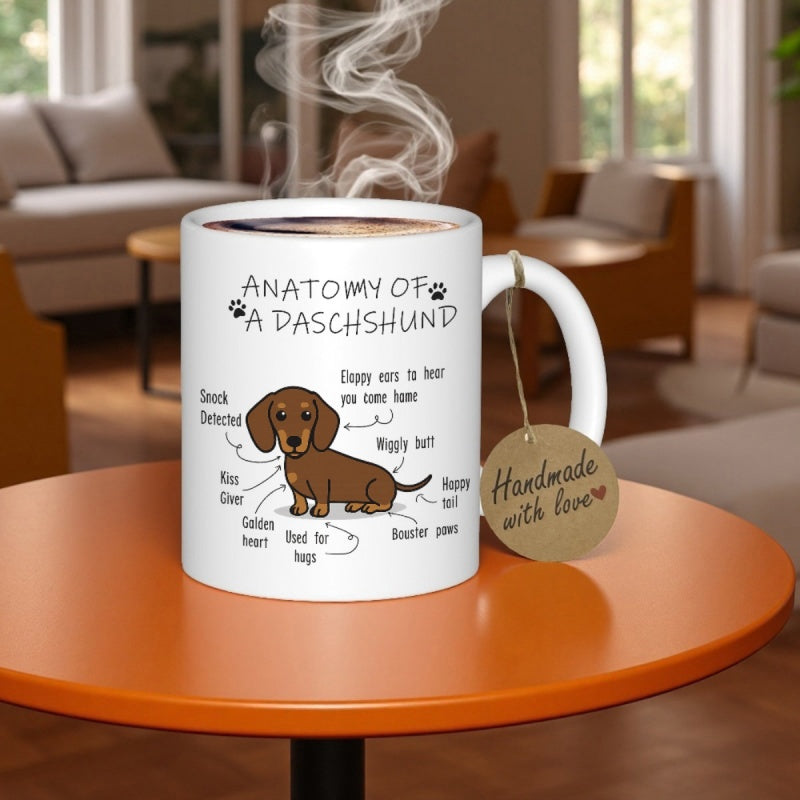 Tailorly White Ceramic 11 oz Mug - Anatomy Of A Dachshund Cute Brown Sausage Dog Surrounded By Humorous Descriptive Text Labels Dachshund