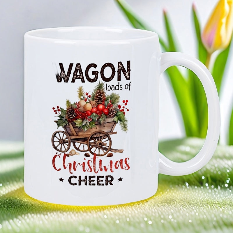 Tailorly White Ceramic 11 oz Mug - Wagon Loads Of Christmas Cheer Wooden Rustic Vintage Filled With Pine Branches Berries And Ornaments Wagon