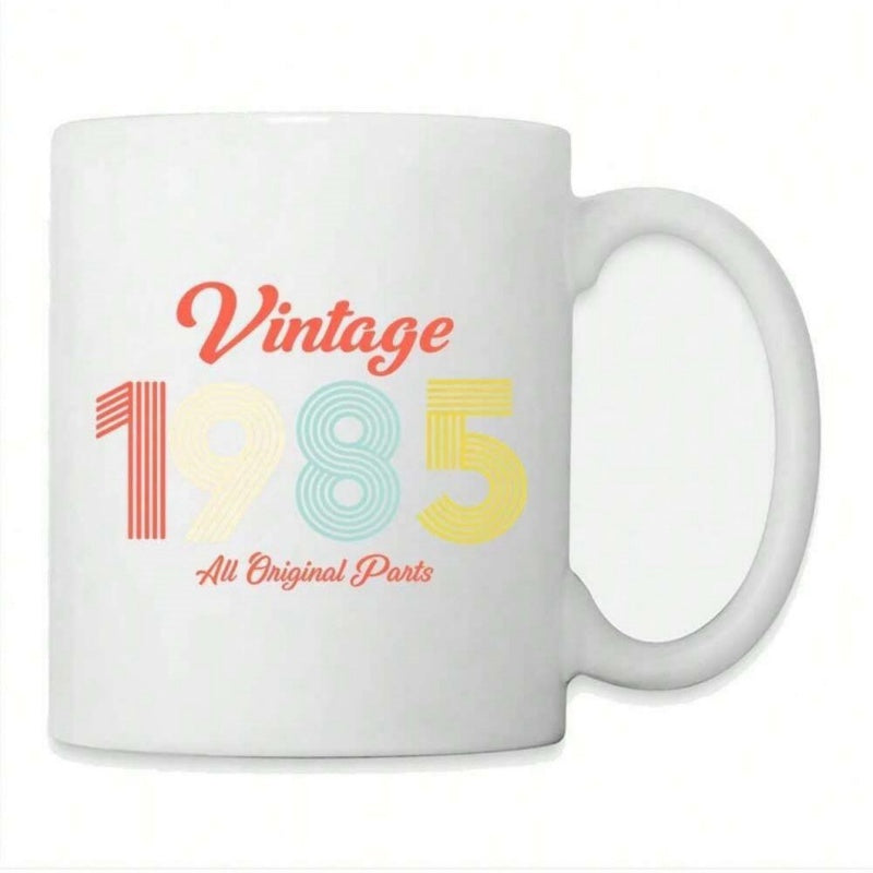 Tailorly White Ceramic 11 oz Mug - Vintage 1985 All Original Parts Retro Style Colorful Numbers Featuring Distressed Texture And Script Typography Mug