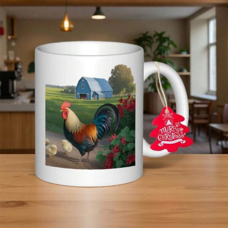 Tailorly White Ceramic 11 oz Mug - Majestic Farm Scene With Blue Barn And Flowers Featuring A Proud Rooster
