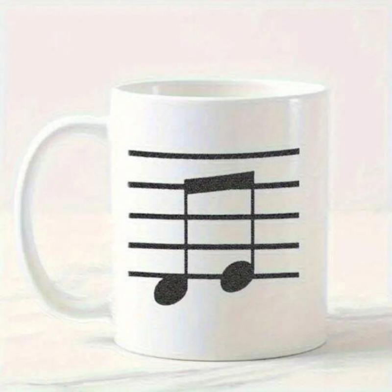 Tailorly White Ceramic 11 oz Mug - Minimalist Black Musical Notes Resting On Elegant Horizontal Staff Lines Note