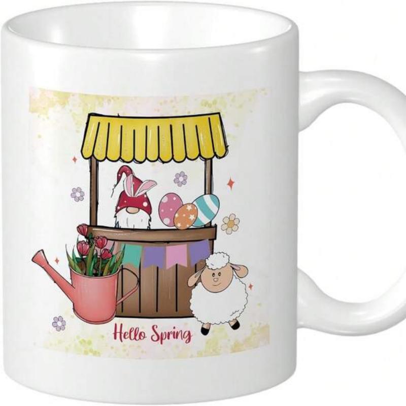 Tailorly White Ceramic 11 oz Mug - Hello Spring Colorful Garden Stall With Easter Eggs And Fluffy Little Sheep Gnome