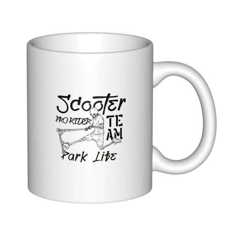 Tailorly White Ceramic 11 oz Mug - Scooter Pro Rider Team Park Life Hand Drawn Skeleton Performing Stunts On A Kick Scooter