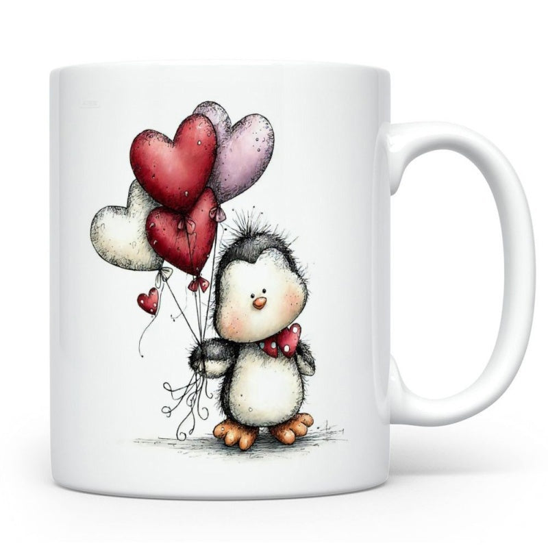 Tailorly White Ceramic 11 oz Mug - Hand Drawn Adorable Little Penguin Holding Colorful Heart Shaped Floating Balloons Penguin