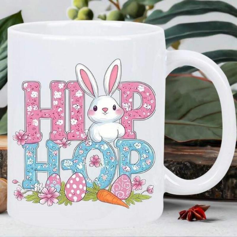 Tailorly White Ceramic 11 oz Mug - Hip Hop Adorable Bunny Sitting Between Patterned Easter Letters Surrounded By Floral Eggs Rabbit