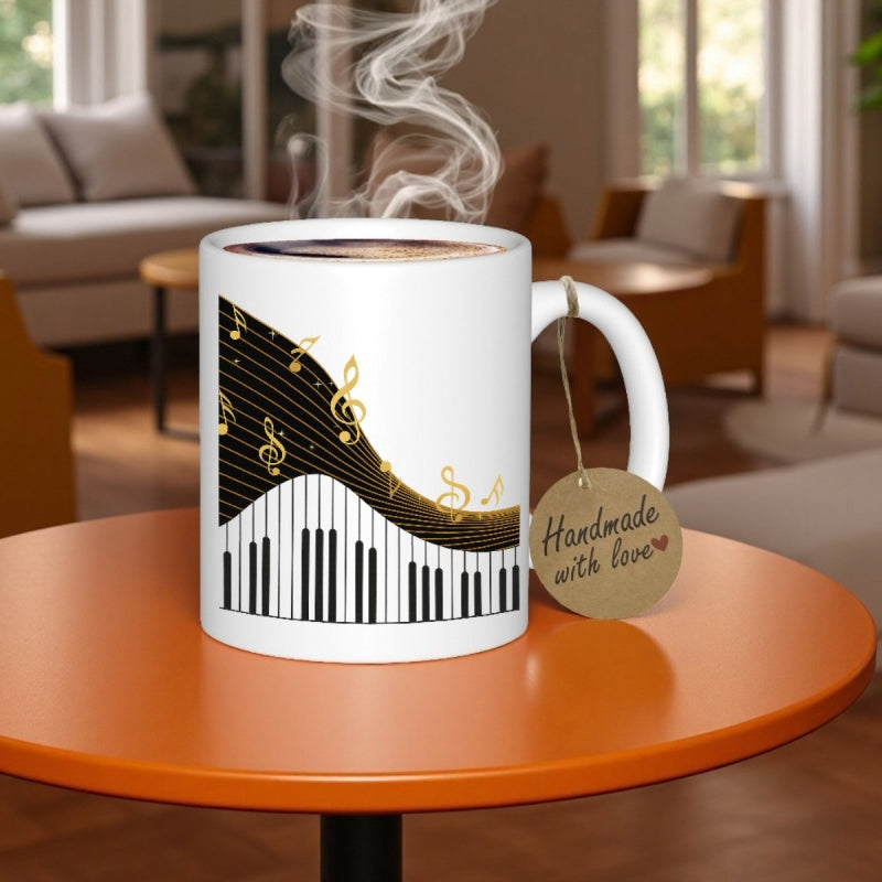 Tailorly White Ceramic 11 oz Mug - Handmade With Love Elegant Golden Musical Notes Floating Over Monochromatic Piano Keys With Artistic Flowing Waves Piano
