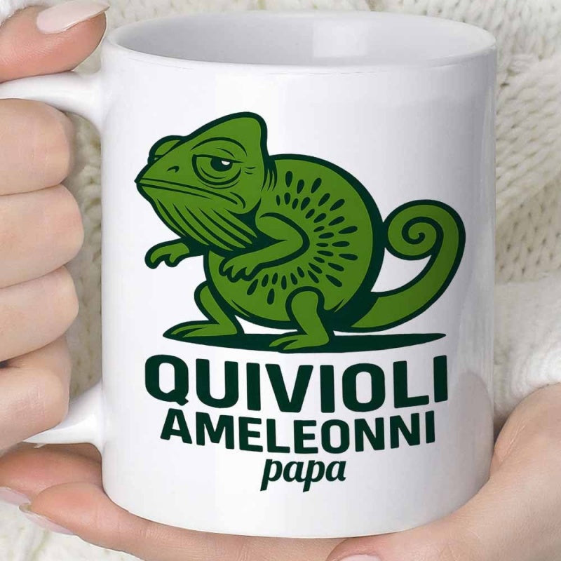 Tailorly White Ceramic 11 oz Mug - Papa Grumpy Green Reptile With Swirly Tail On Clean White Ground Chameleon