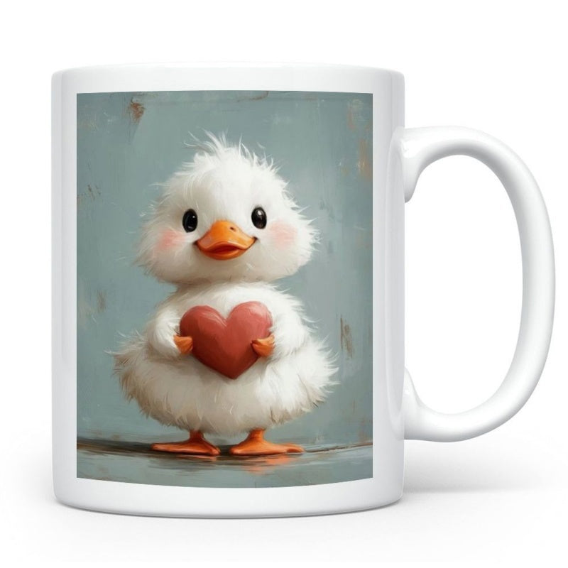 Tailorly White Ceramic 11 oz Mug - Fluffy Little White Duck Sitting And Holding A Small Red Heart Duckling